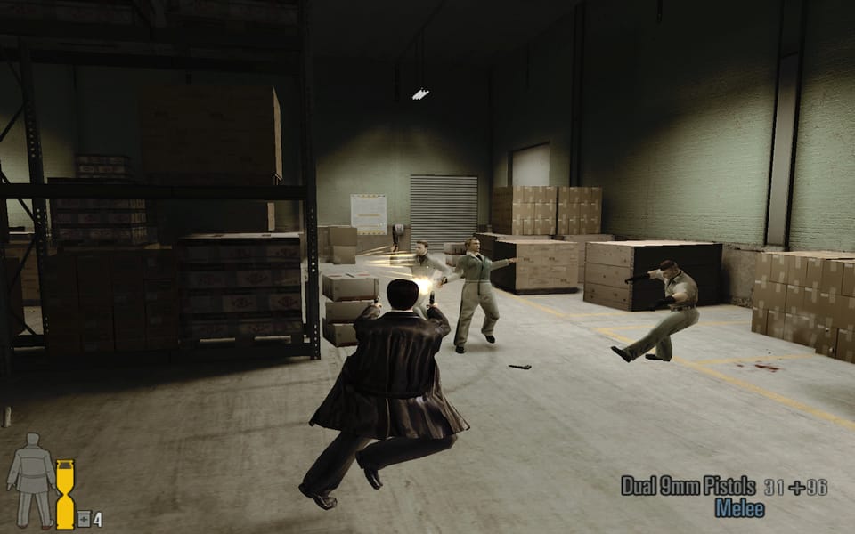 Screenshot of Max Payne 2, showing Max shooting mobsters