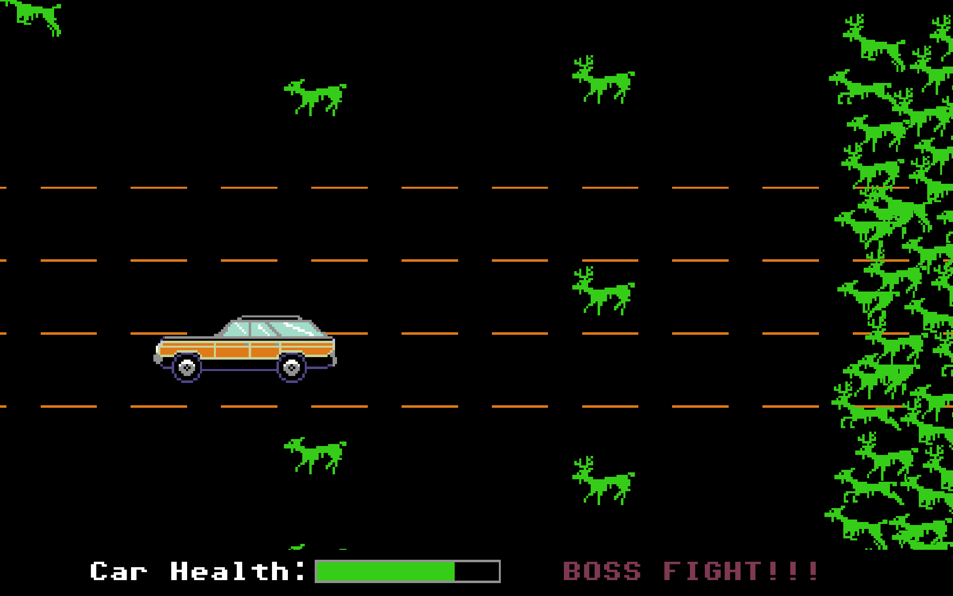 Screenshot of the car getting chased by a horde of zombie animals.