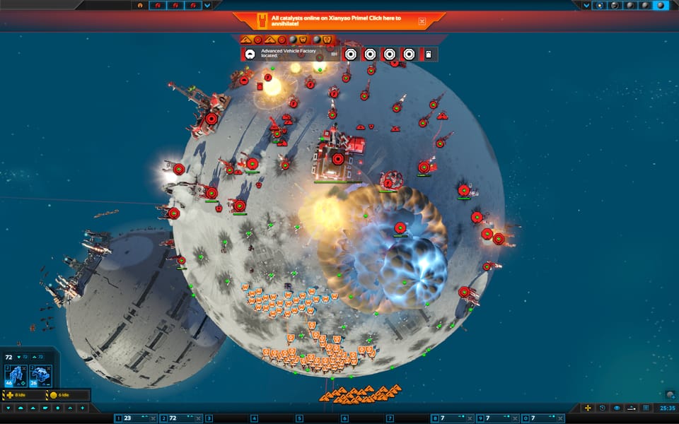 Screenshot of Planetary Annihilation: Titans, with a commander exploding and another planet floating by in the background.