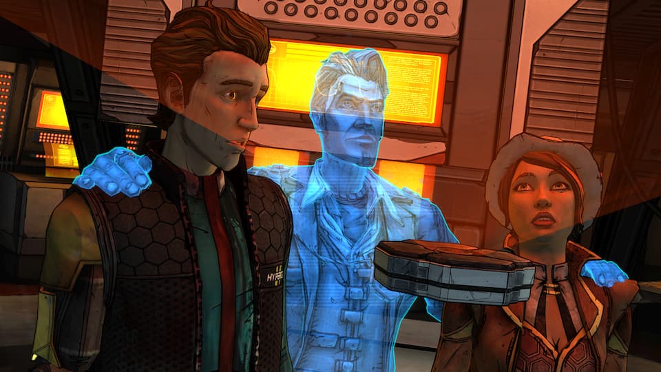 Screenshot of Tales from the Borderlands, showing Rhys, Jack, and Fiona.