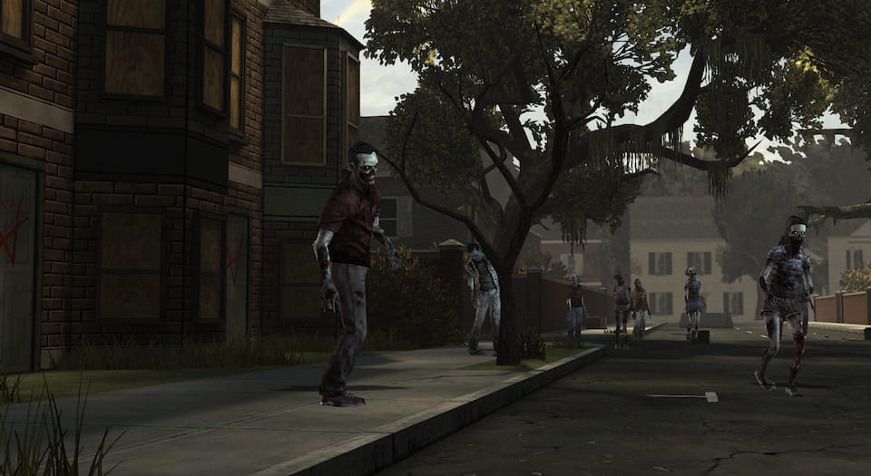 Screenshot of zombies walking down a street.