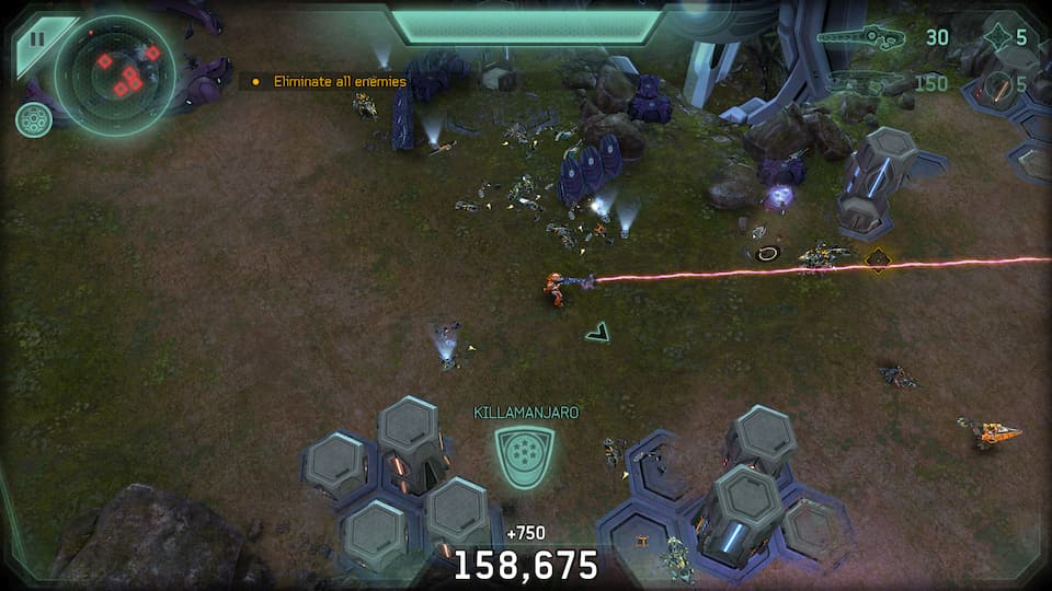 Screenshot of Spartan Strike, trying to hold off the Covenant and Prometheans.