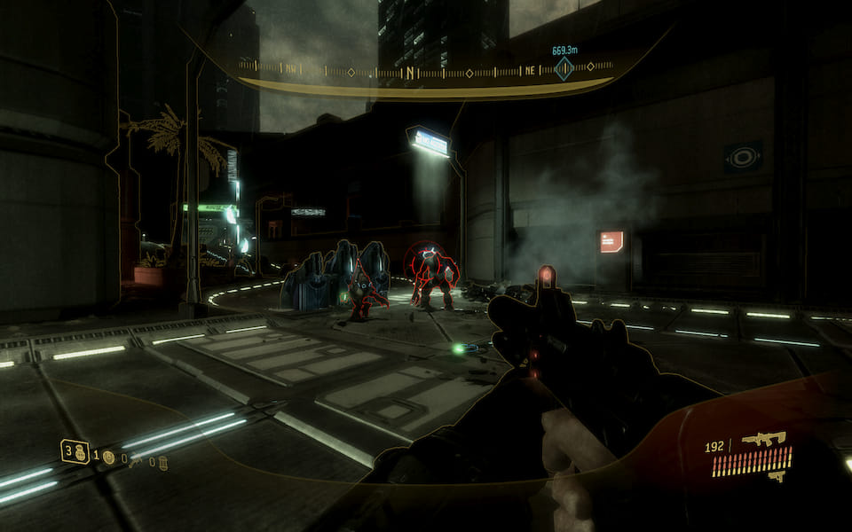 Screenshot of Halo 3: ODST, fighting a brute and a grunt in the streets.