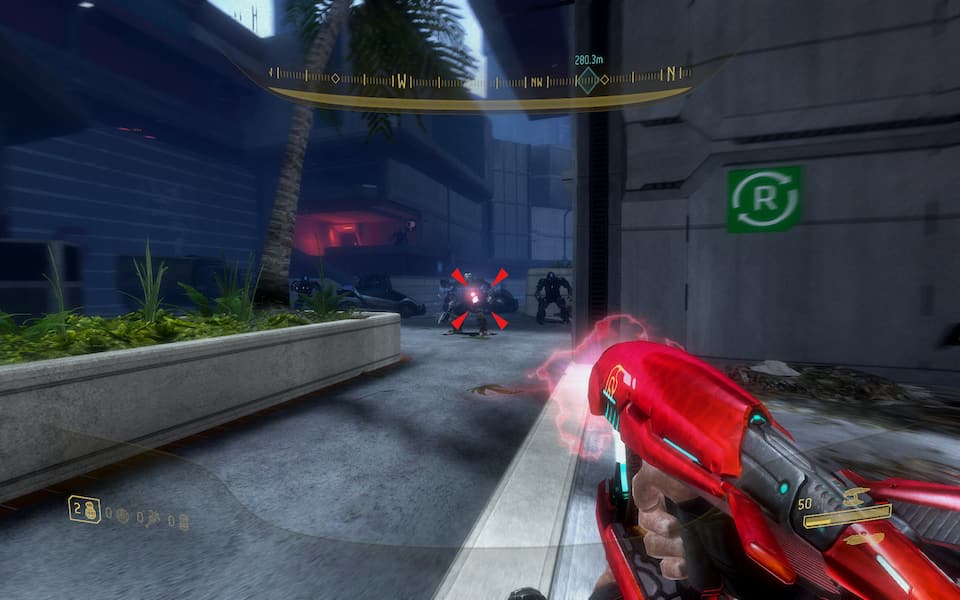 "Screenshot of Halo 3: ODST, running into a brute pack in an alley"