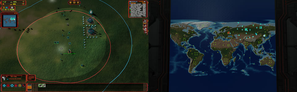 Screenshot of Supreme Commander, showing the dual screen functionality.