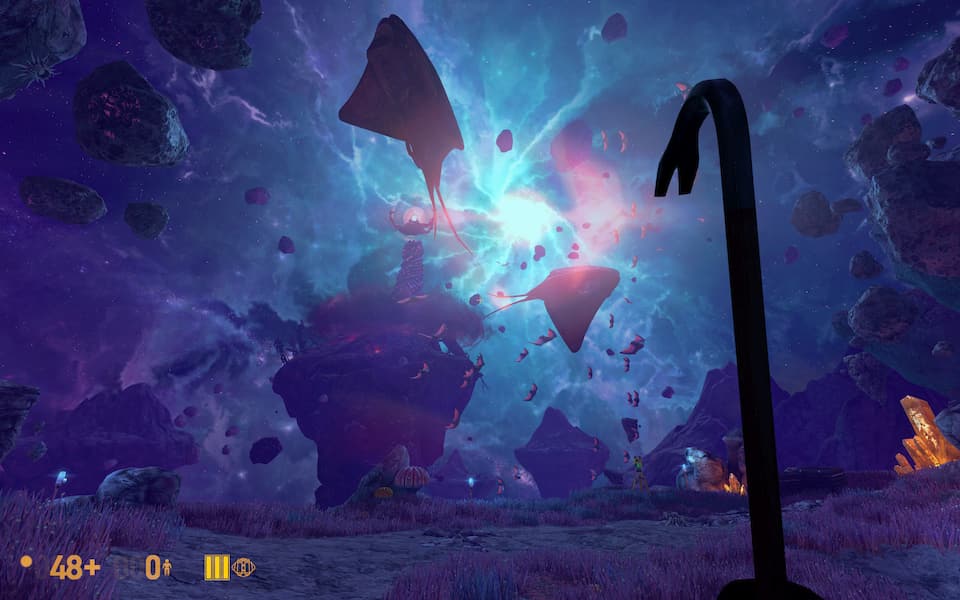 Screenshot of Xen's alien landscape and scenery, with an ominous tower in the distance.