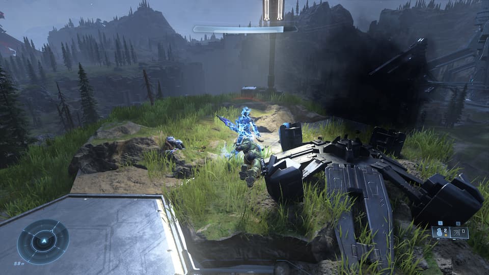 Screenshot of Halo Infinite, showing Chief electrocuting an elite enemy while overlooking a vast crack in the ring.