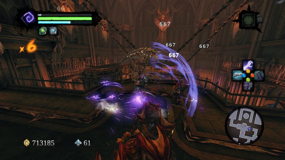 Screenshot of Darksiders 2, showing Death mowing down demons with scythes