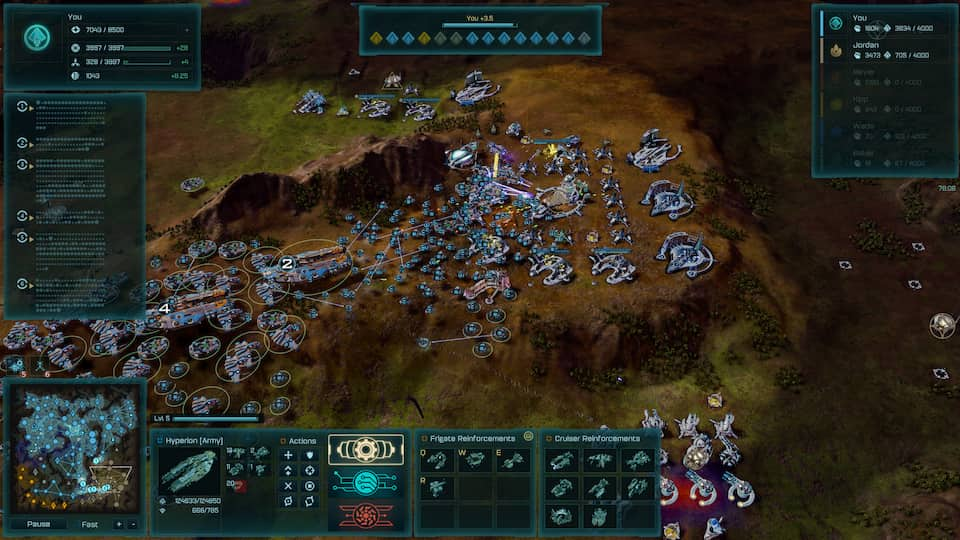 Screenshot with a Post-Human Coalition army attacking a Substrate base.