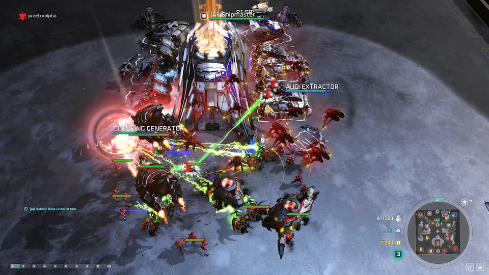 Screenshot of Halo Wars 2, showing a Banished army attacking a Banished base