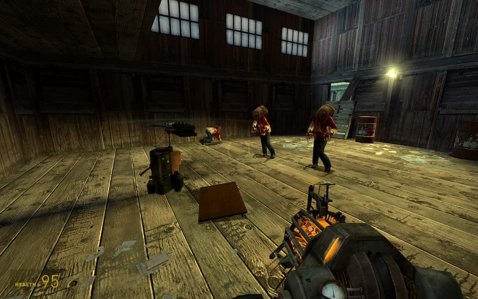 Screenshot of Half-Life 2, showing clones three headcrab zombies wandering into a trap.