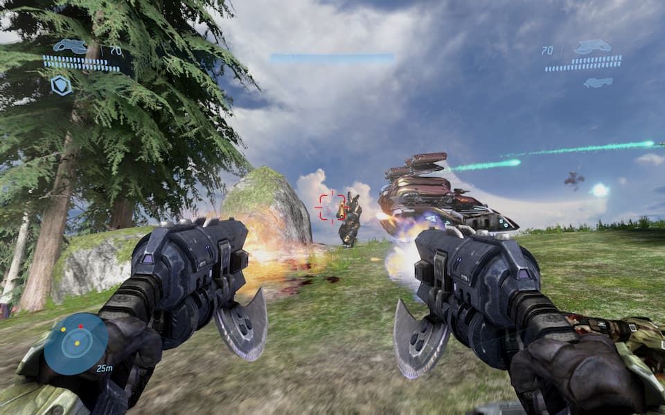 Screenshot of Halo 3, fighting a brute.