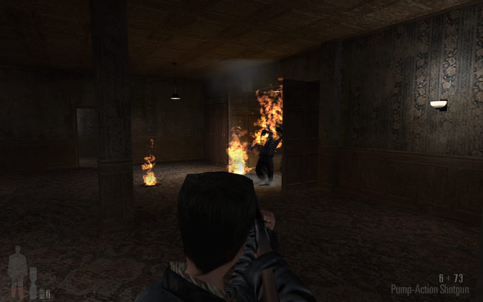 Screenshot of Max Payne having thrown a molotov cocktail at some mobsters.