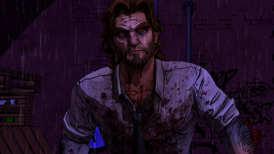 Screenshot of Wolf wearing a bloody shirt, transforming