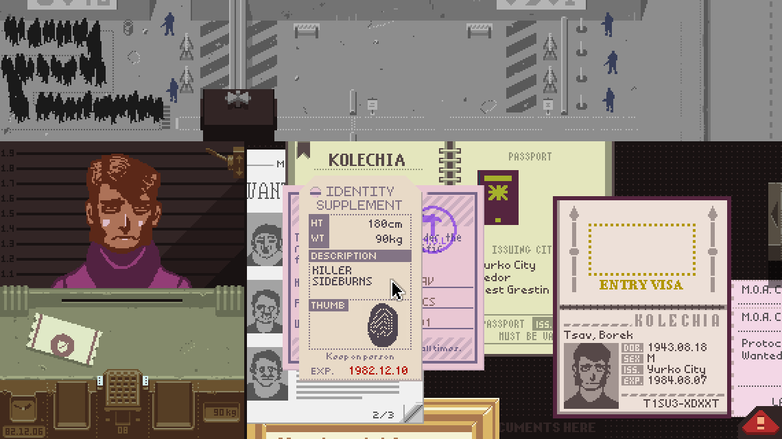 Screenshot of Papers, Please, showing a multitude of documents and a man with killer sideburns