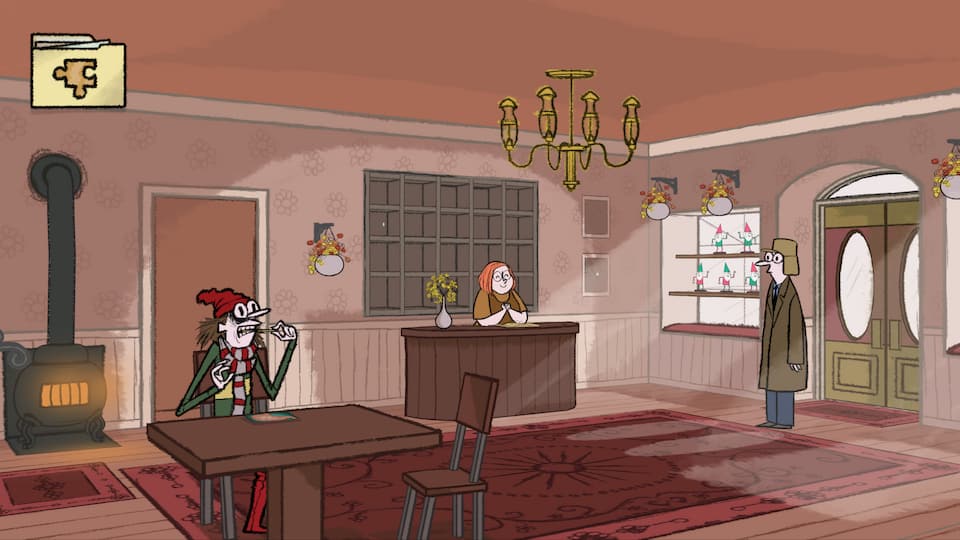 Screenshot of Puzzle Agent, where Nelson is standing in a hotel lobby.