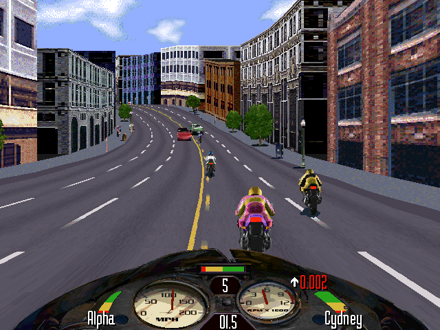 Road Rash screenshot, with some cars and other bikers