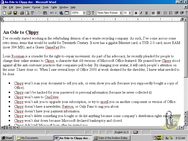 A draft of this blog post in Word 2000, complete with our friend, Clippy